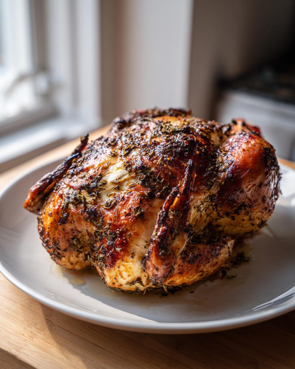 A whole roasted chicken with crispy, herb-crusted skin resting on a white plate, showcasing the perfect result of a roasted chicken recipe.