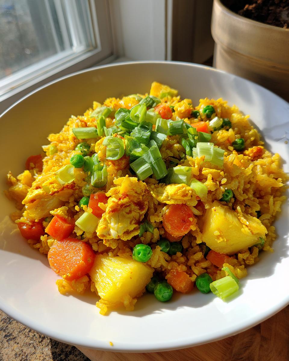 A white bowl filled with bright yellow pineapple fried rice, featuring chunks of pineapple, carrots, peas, and topped with fresh green onions.