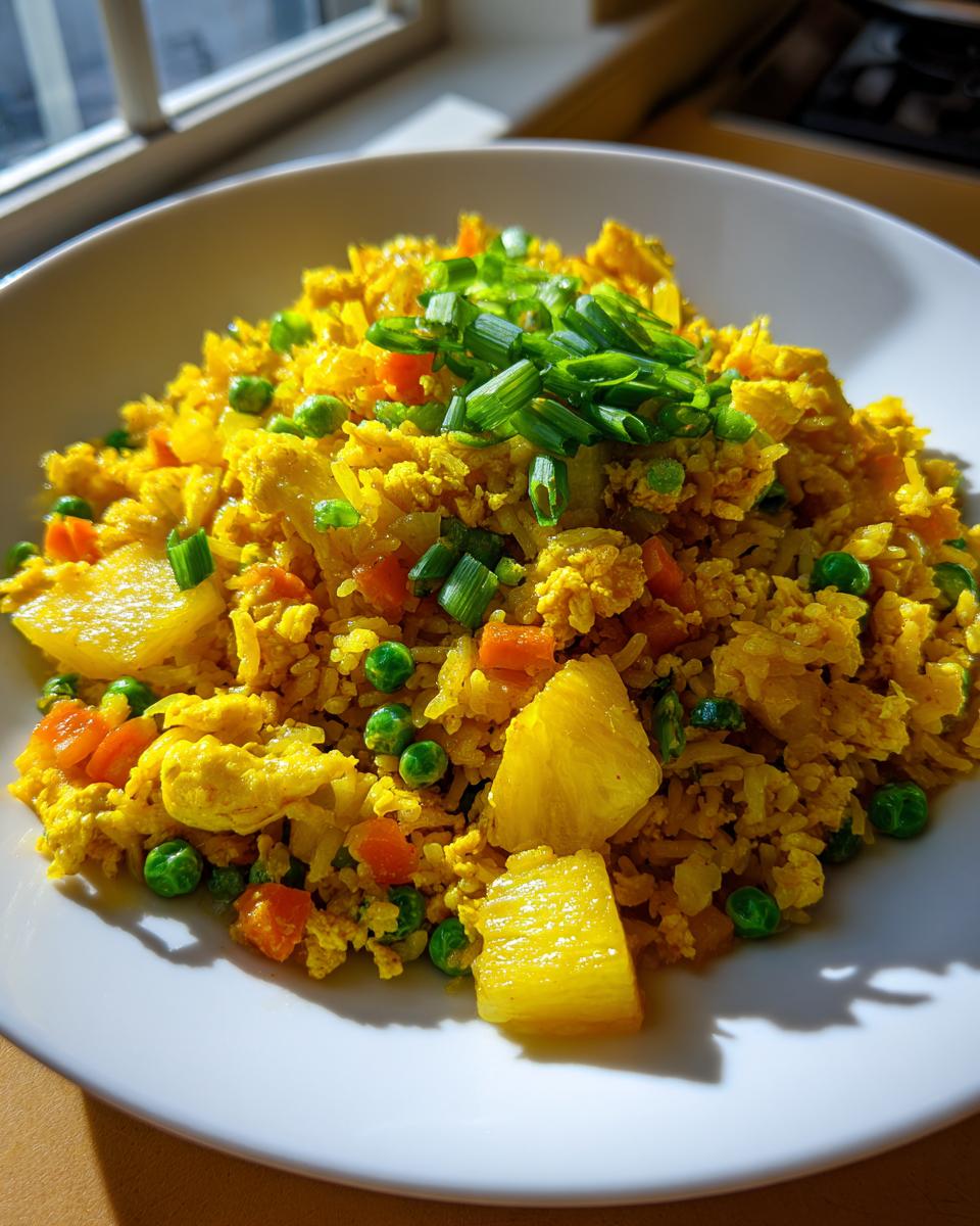 A close-up of vibrant pineapple fried rice, featuring yellow rice, pineapple chunks, peas, carrots, and topped with fresh green onions.
