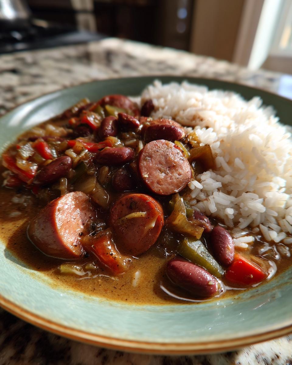 A close-up of a serving of red beans and rice featuring sliced smoked sausage and vegetables in a savory sauce.