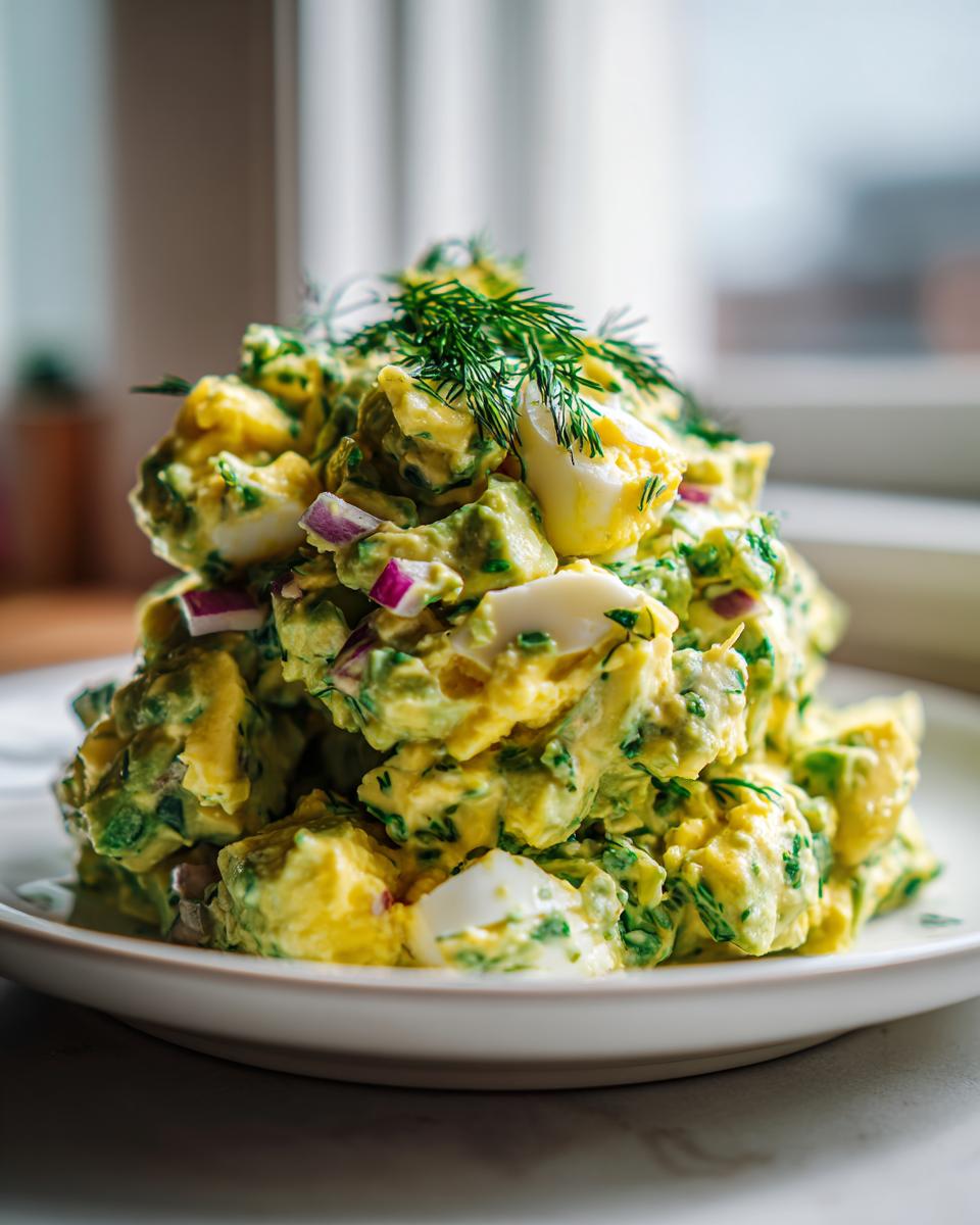 A mound of vibrant green avocado egg salad featuring chunks of avocado, egg whites, and red onion, topped with fresh dill.