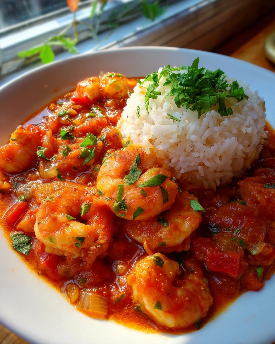 Close-up of vibrant Shrimp Creole served with a mound of white rice topped with fresh parsley.