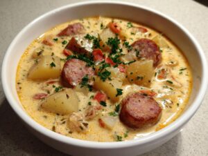 A close-up of a hearty bowl of potato and sausage chowder, featuring chunks of potato, sliced sausage, and fresh parsley garnish.