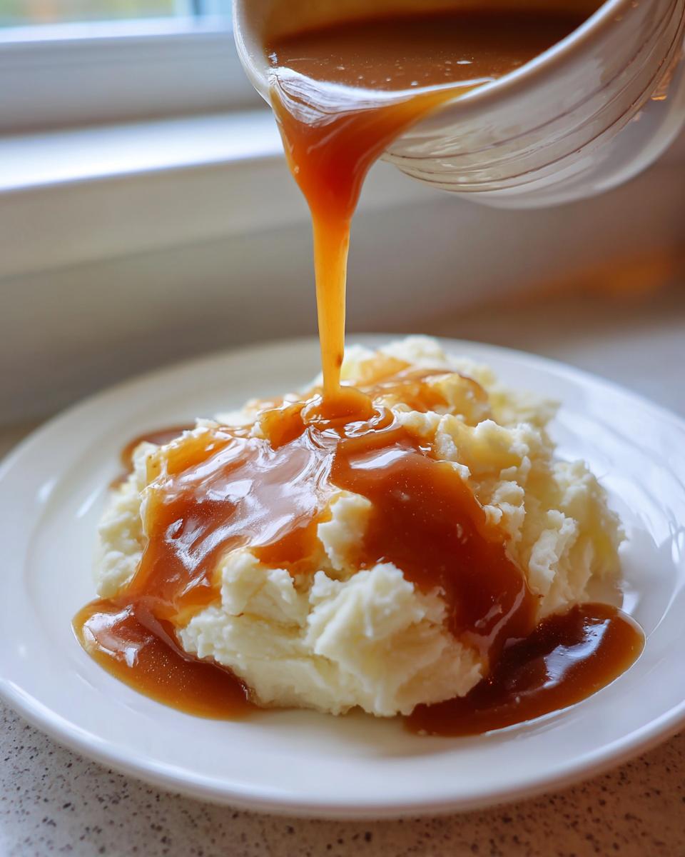 Close-up of rich, brown chicken gravy being poured from a white pitcher onto a mound of fluffy mashed potatoes.