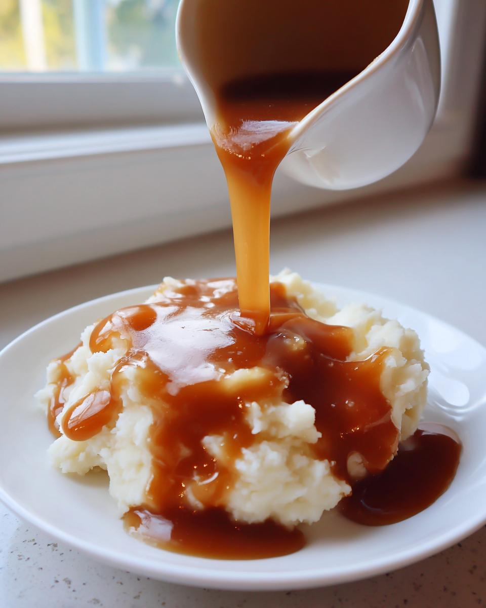A white gravy boat pours rich brown chicken gravy over a mound of fluffy mashed potatoes on a white plate.