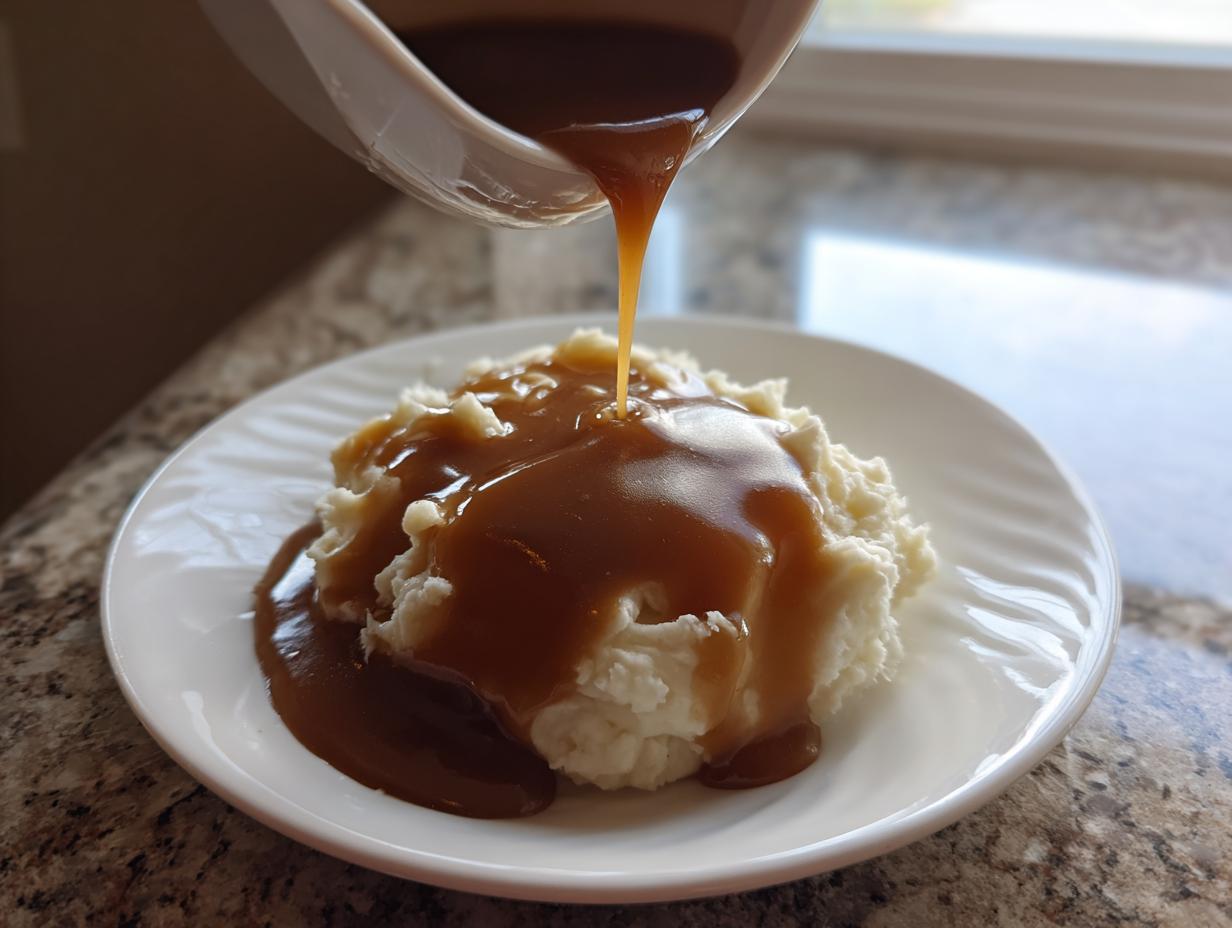 A close-up of rich brown chicken gravy being poured from a white gravy boat onto a mound of fluffy mashed potatoes.