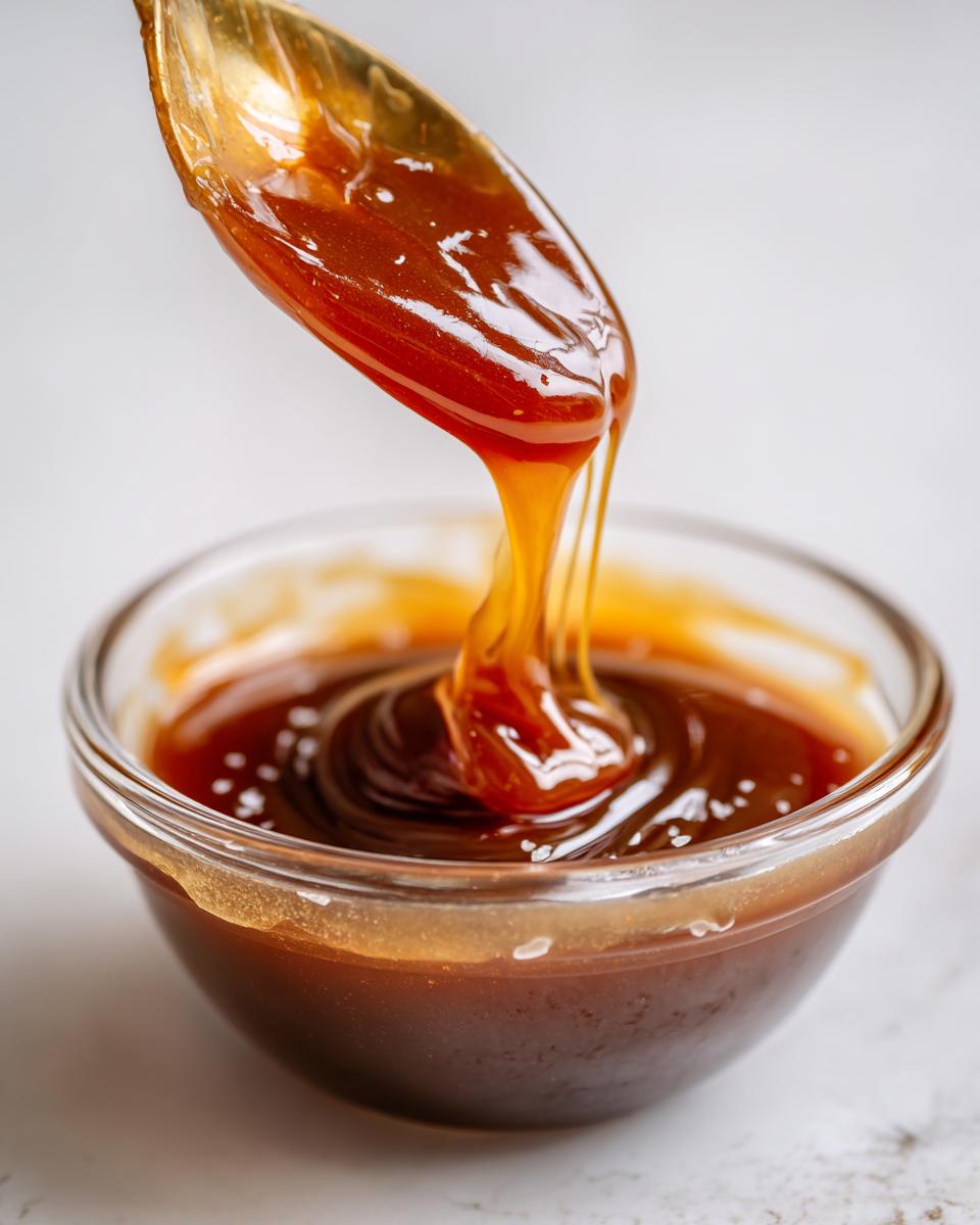A golden spoon drips thick, glossy salted caramel sauce back into a small glass bowl.
