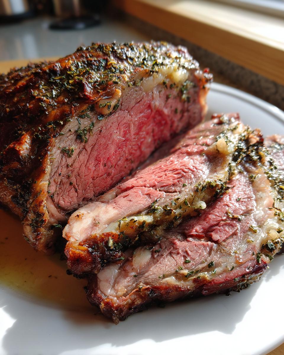 Close-up of a perfectly cooked prime rib roast oven, showing a medium-rare pink center and herb crust.