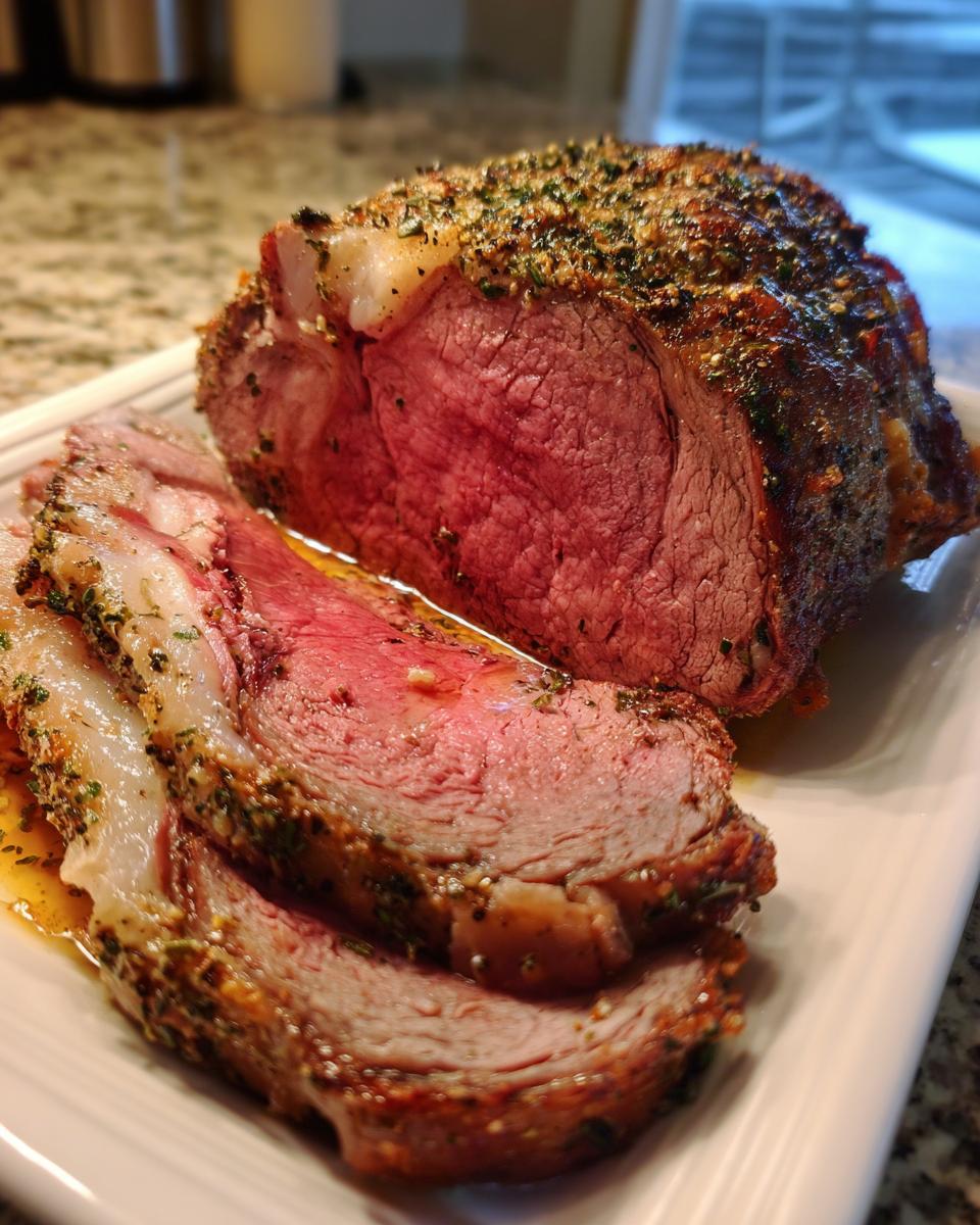 Close-up of a medium-rare prime rib roast oven, sliced and showing a juicy, herb-crusted exterior.