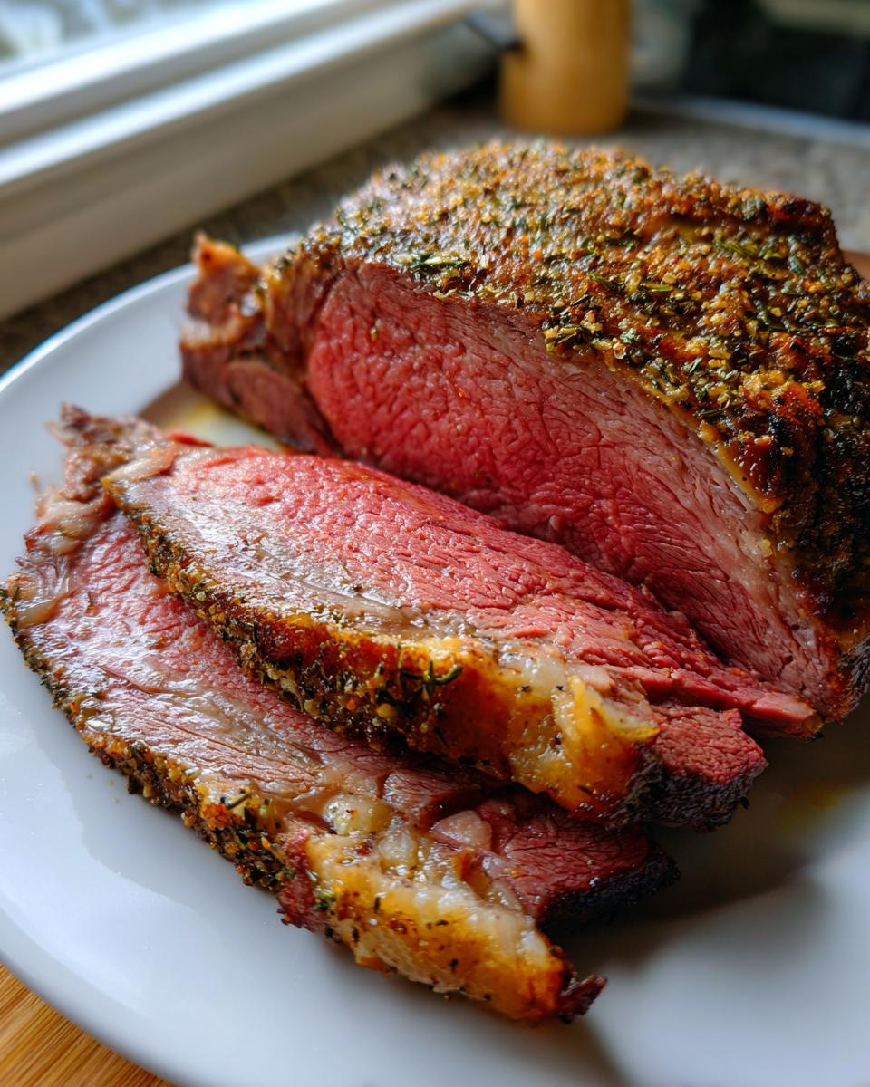 Close-up of a perfectly cooked prime rib roast oven, showing a medium-rare pink center and herb crust.