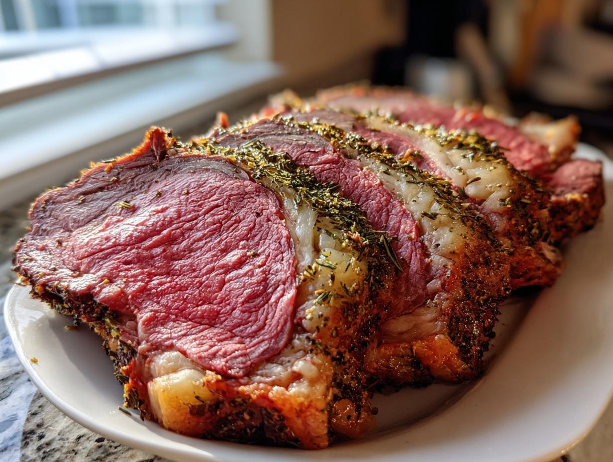 Close-up of thick, medium-rare slices from a prime rib roast oven, heavily seasoned with herbs.