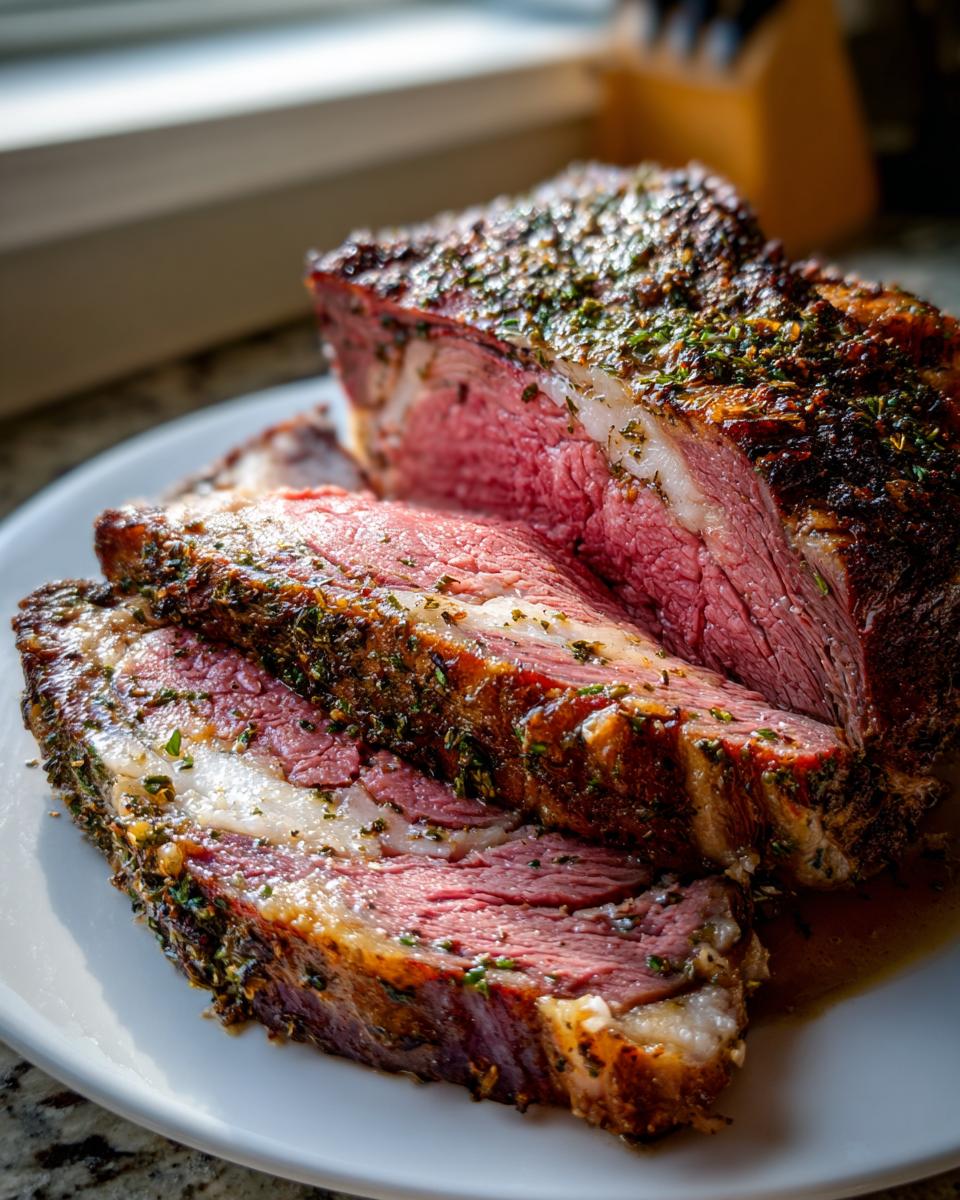 Close-up of perfectly cooked prime rib roast oven slices showing a medium-rare center and herb crust.
