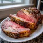 Close-up of a perfectly cooked prime rib roast oven roast, sliced to show medium-rare pink center and herb crust.