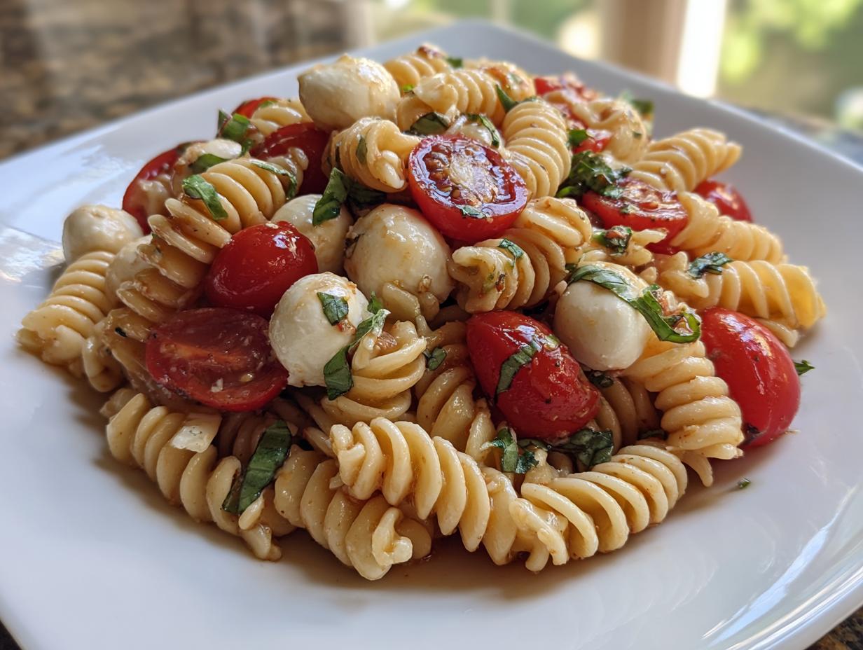 A close-up of vibrant caprese pasta salad featuring fusilli, halved cherry tomatoes, mozzarella balls, and fresh basil.
