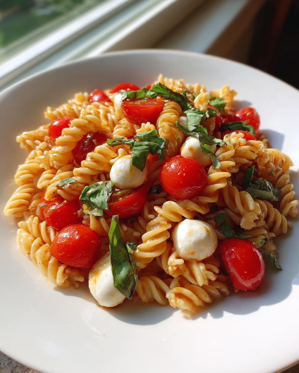Close-up of a serving of vibrant caprese pasta salad featuring fusilli, cherry tomatoes, mozzarella balls, and basil.