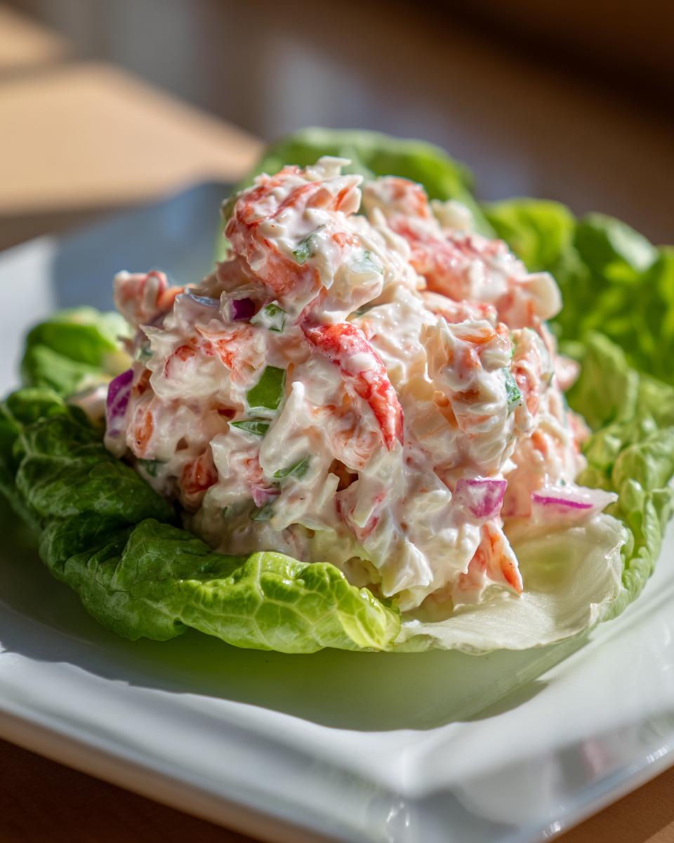 A scoop of creamy seafood salad with visible pink shellfish pieces served in a crisp green lettuce cup.