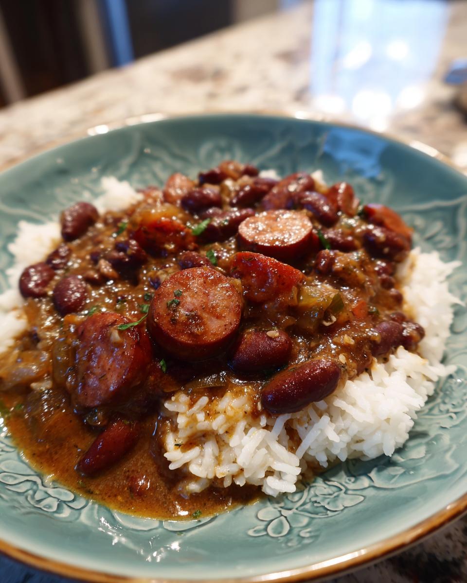 Close-up of savory red beans and rice topped with thick slices of smoked sausage.