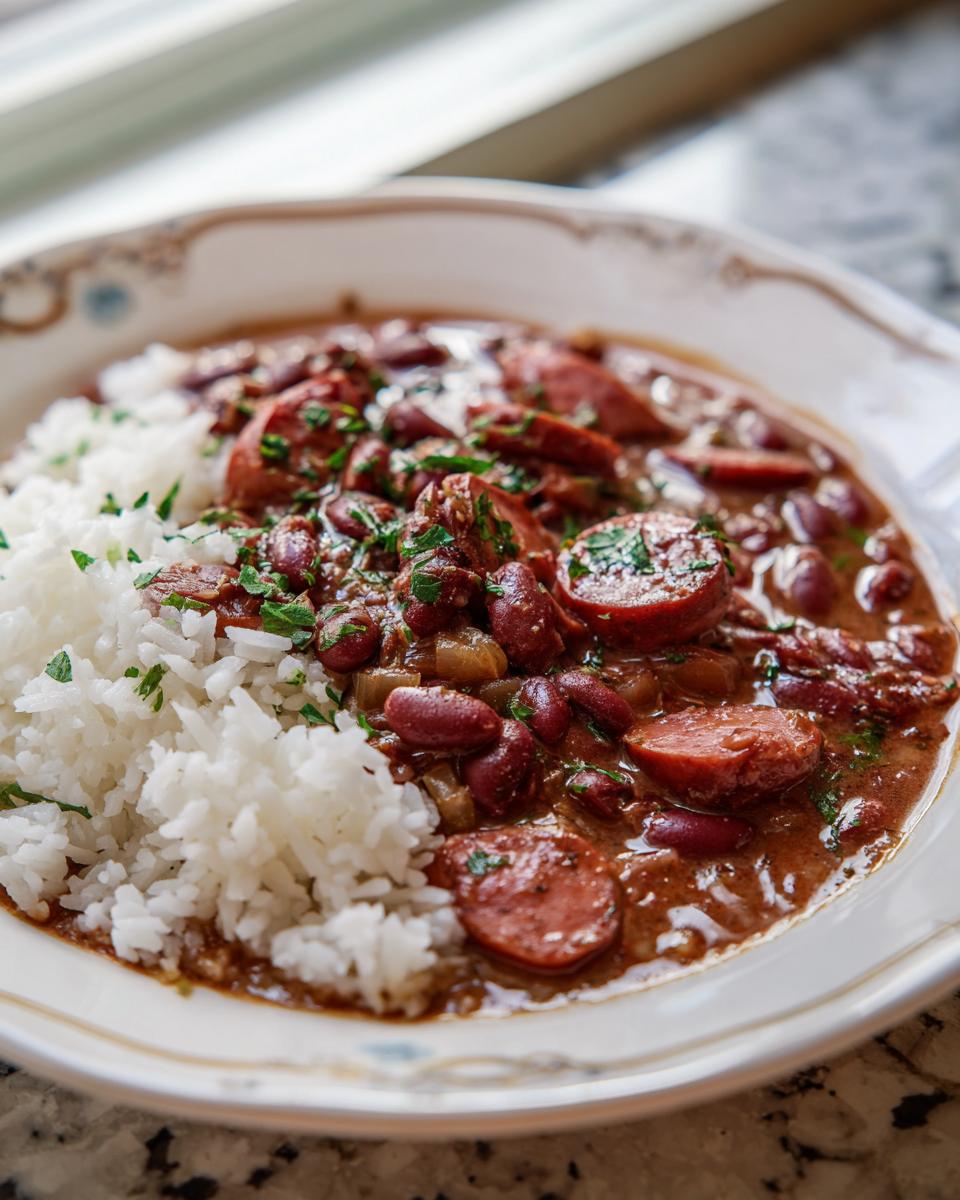 A close-up of a bowl of flavorful red beans and rice topped with sliced smoked sausage and fresh parsley.
