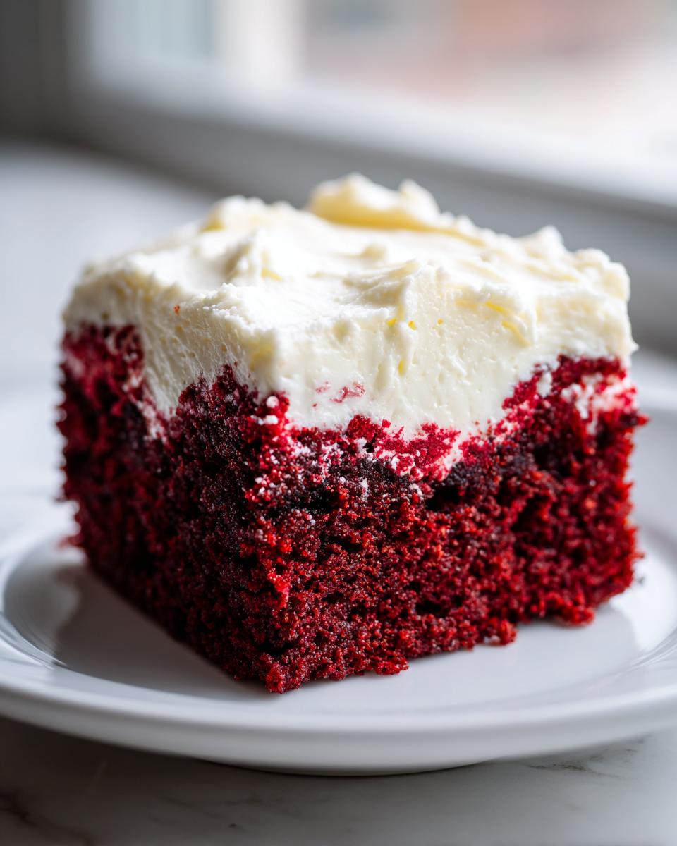 A thick, square slice of deep red velvet brownies topped generously with white cream cheese frosting.