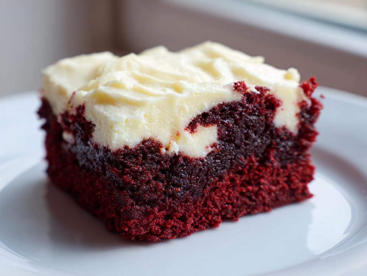 Close-up of a rich, dark red square of red velvet brownies topped with thick, creamy white frosting.