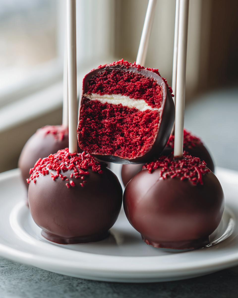 Close-up of chocolate-dipped red velvet cake pops, one cut open showing the bright red cake and cream cheese filling.