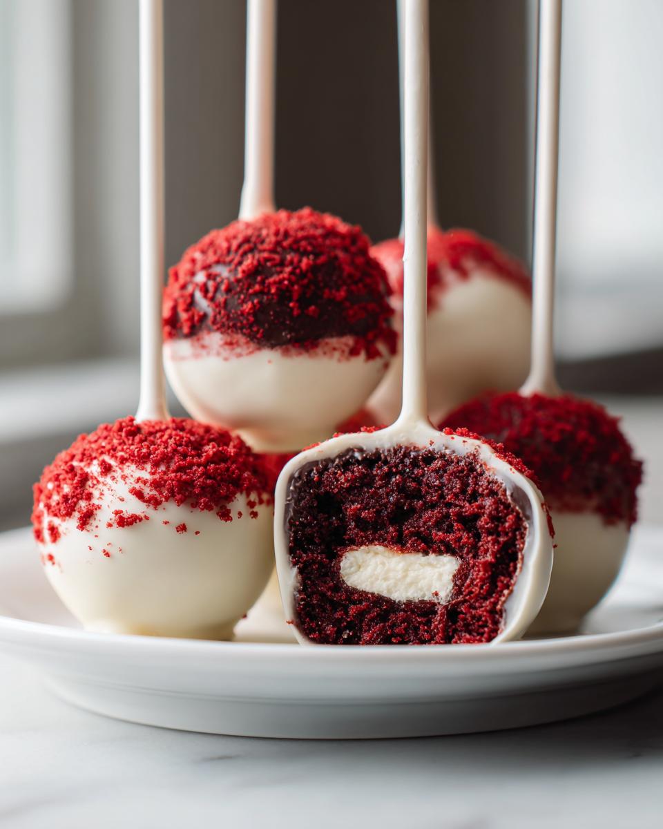 A close-up of red velvet cake pops dipped in white chocolate, one cut open showing the dark red cake and white cream cheese center.
