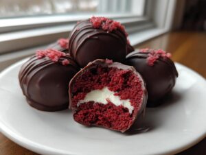Close-up of chocolate-dipped red velvet cake pops, one cut in half showing the bright red cake and cream cheese filling.