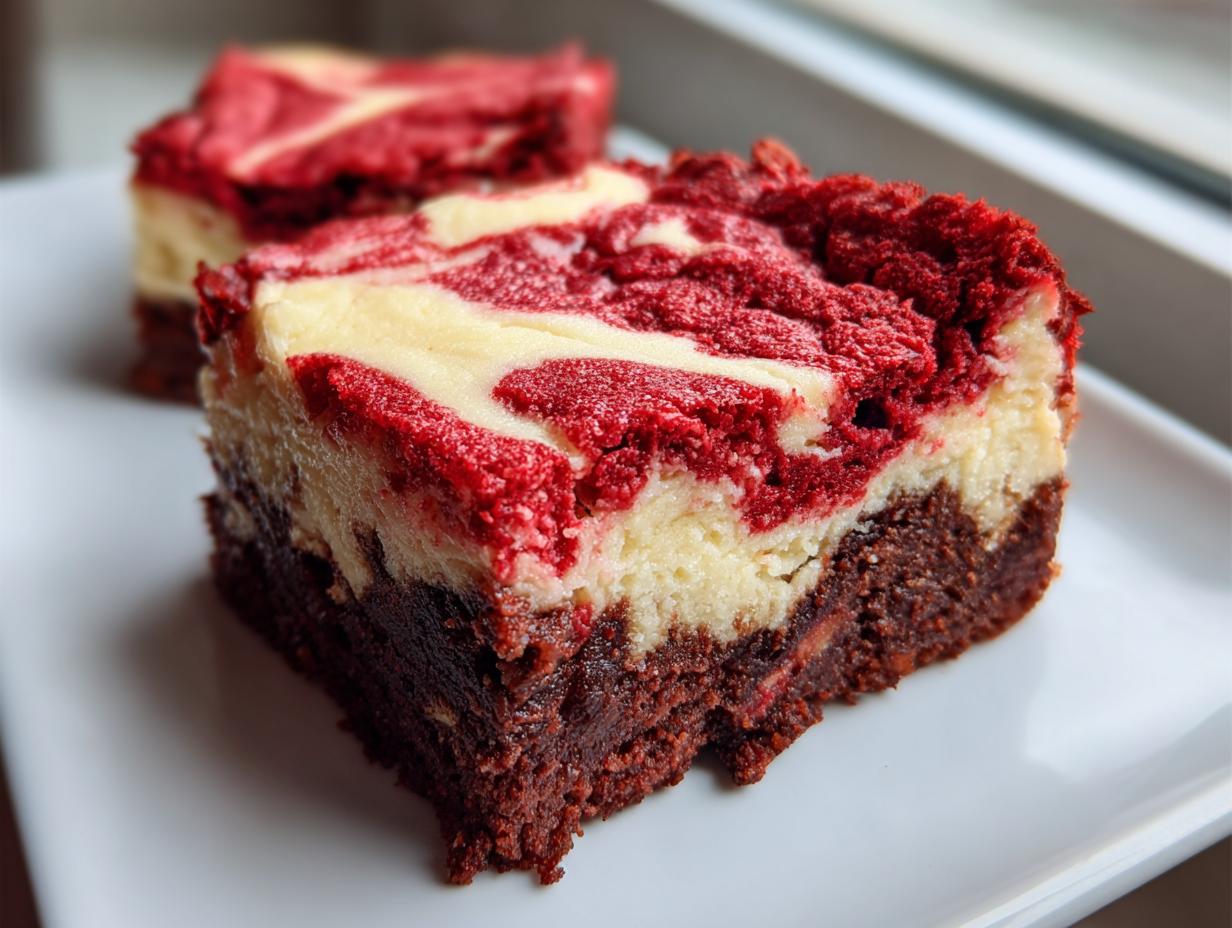 A decadent square of red velvet cheesecake brownies showing rich brownie base and swirled red and cream topping.