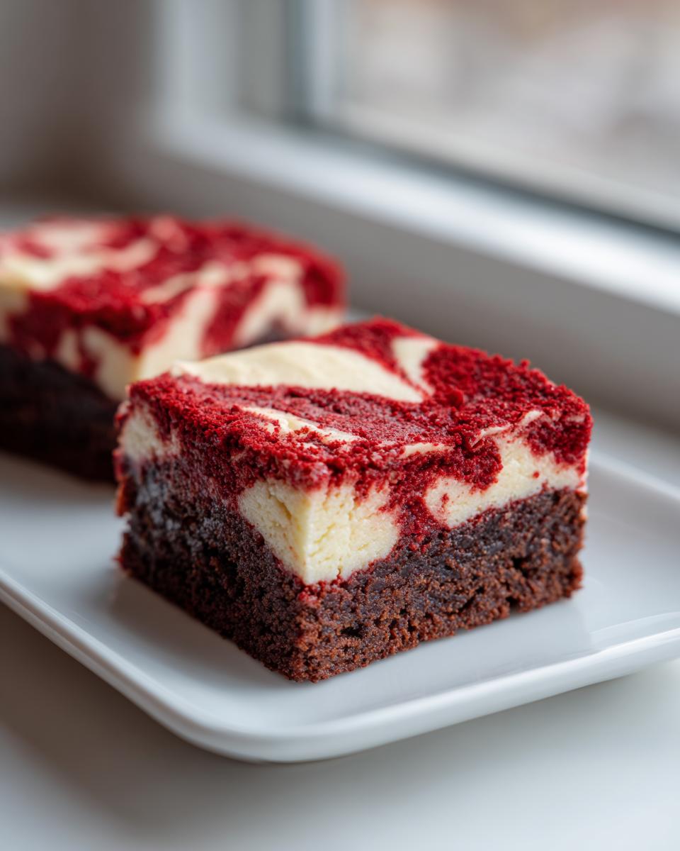 A rich, fudgy red velvet cheesecake brownies square with a bright red and cream cheese swirl topping.