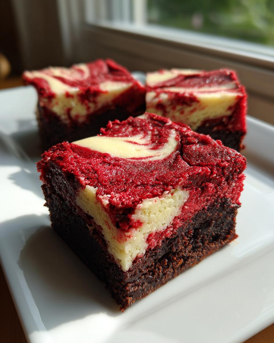 Three squares of rich red velvet cheesecake brownies with a marbled cream cheese swirl, sitting on a white plate.
