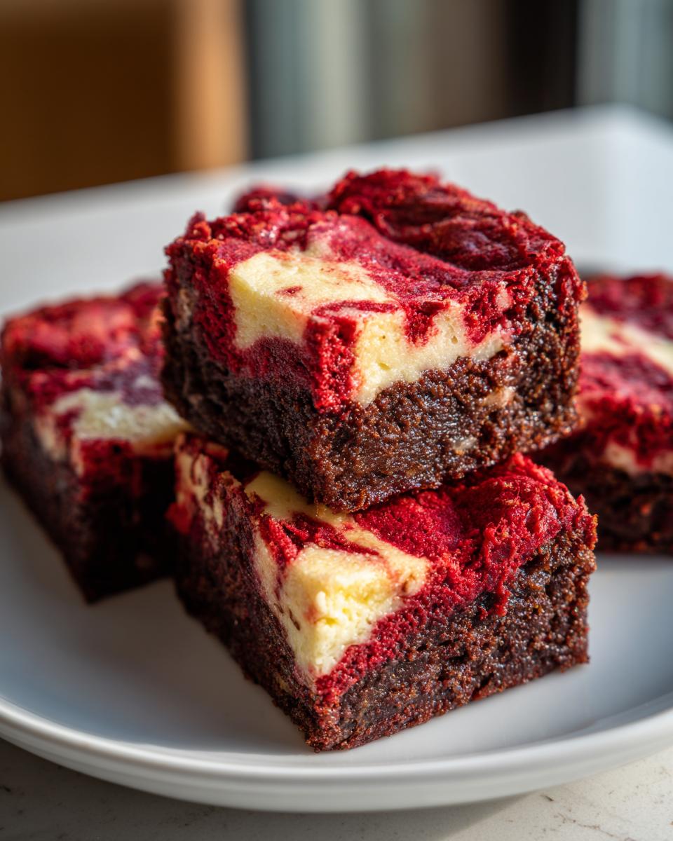 A stack of rich, fudgy red velvet cheesecake brownies featuring vibrant red swirls over a dark chocolate base.