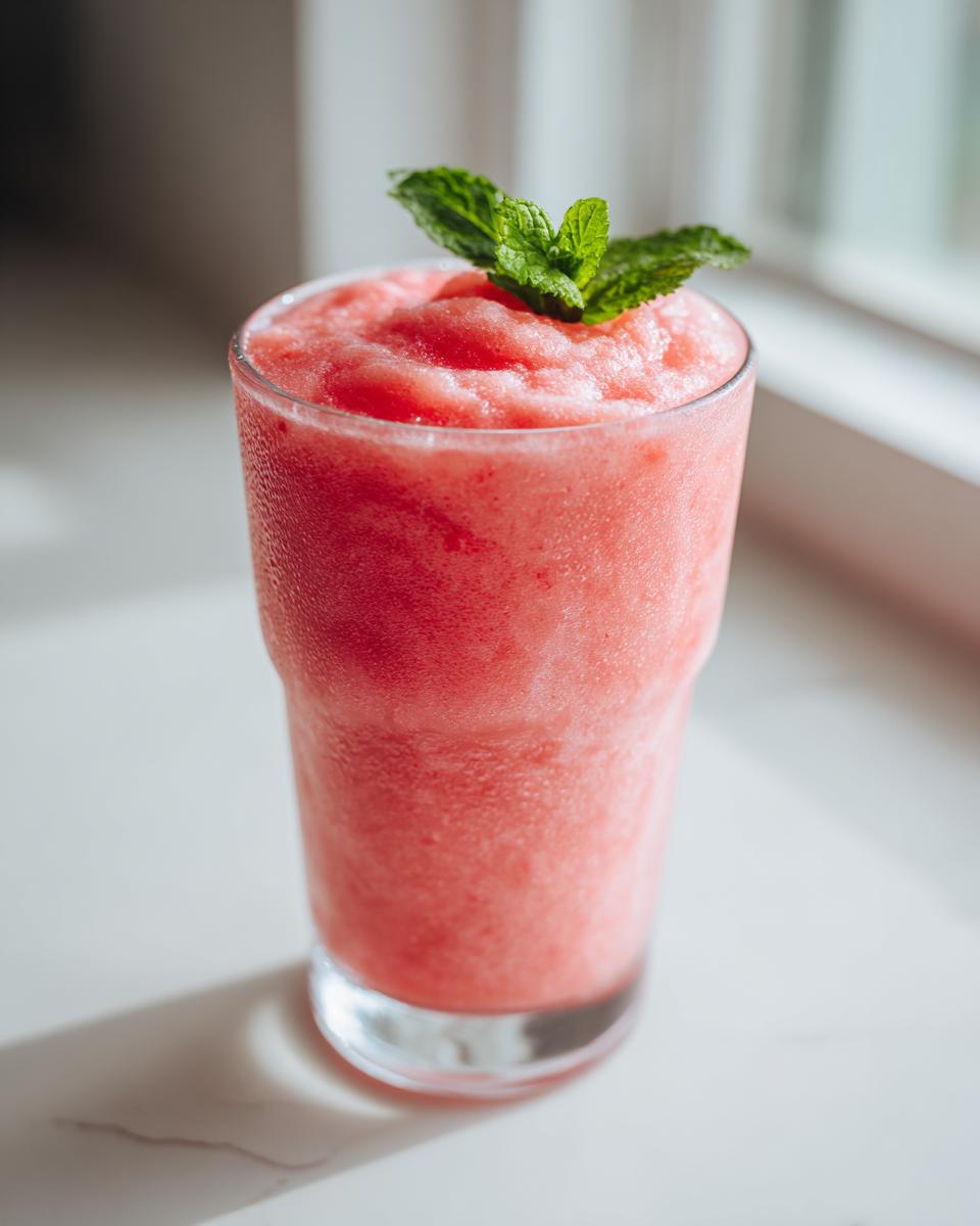 Close-up of a frosty watermelon smoothie in a glass, topped with fresh mint leaves.
