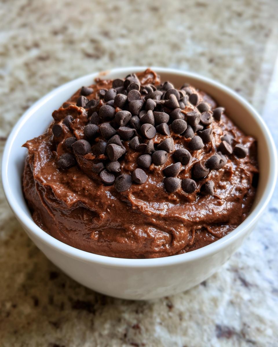 A close-up of rich, thick brownie batter dip in a white bowl, generously topped with mini chocolate chips.