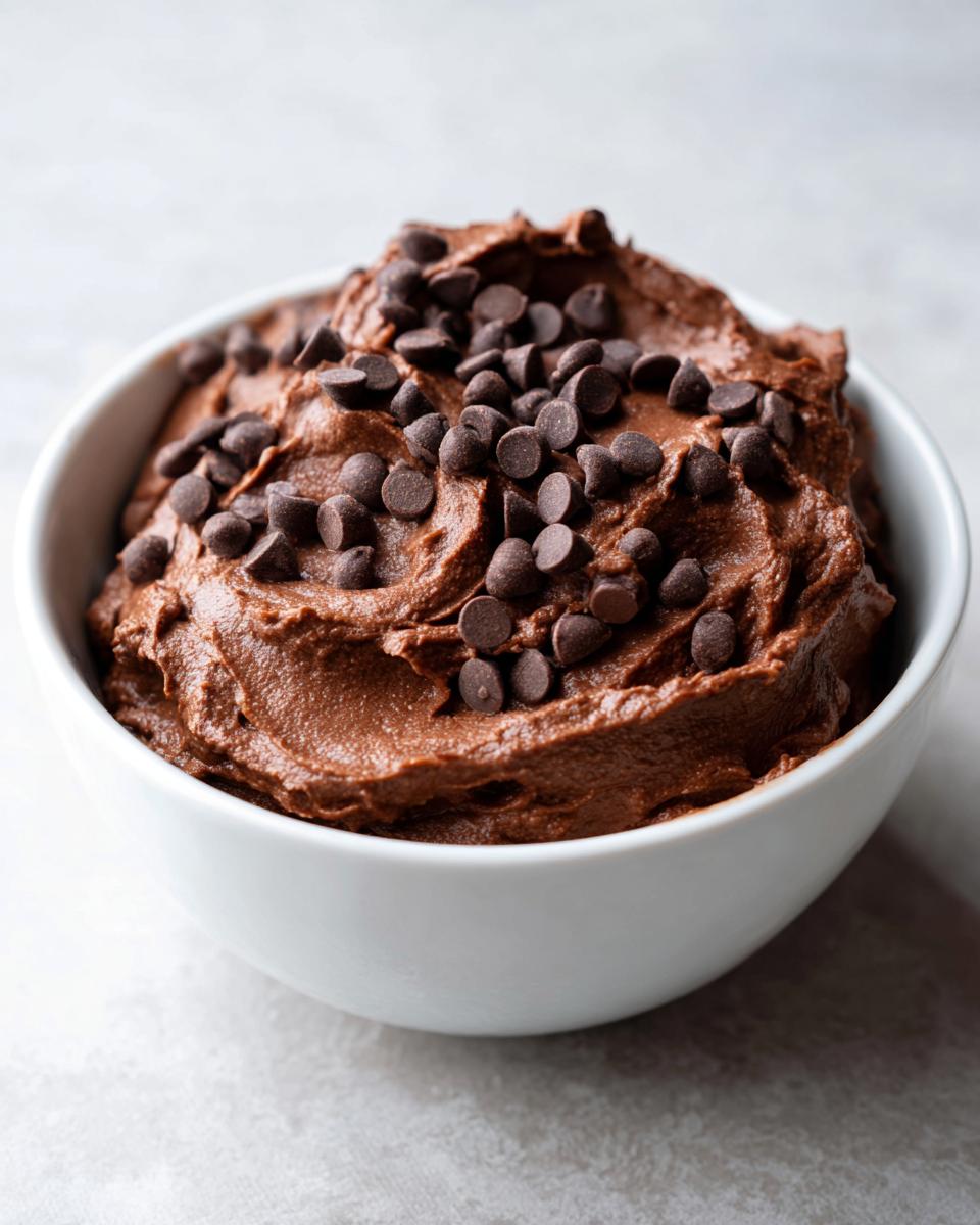 Close-up of rich, thick brownie batter dip in a white bowl, generously topped with mini chocolate chips.