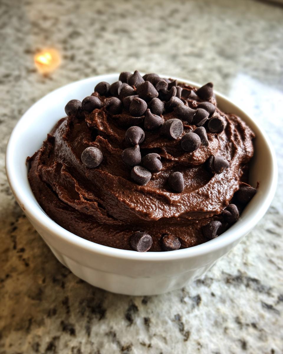 A close-up of thick, rich brownie batter dip served in a white bowl and topped generously with mini chocolate chips.