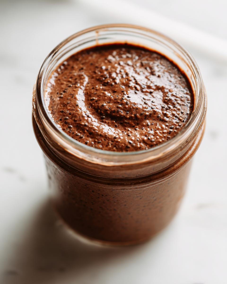 Close-up overhead shot of thick, rich chocolate overnight oats in a glass jar, showing chia seed texture.