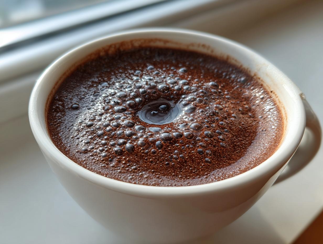 Close-up of rich, dark french hot chocolate topped with small bubbles, served in a white mug.