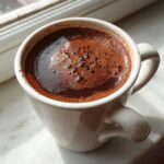Close-up of a thick, dark french hot chocolate with a foamy top in a white mug, set by a window.