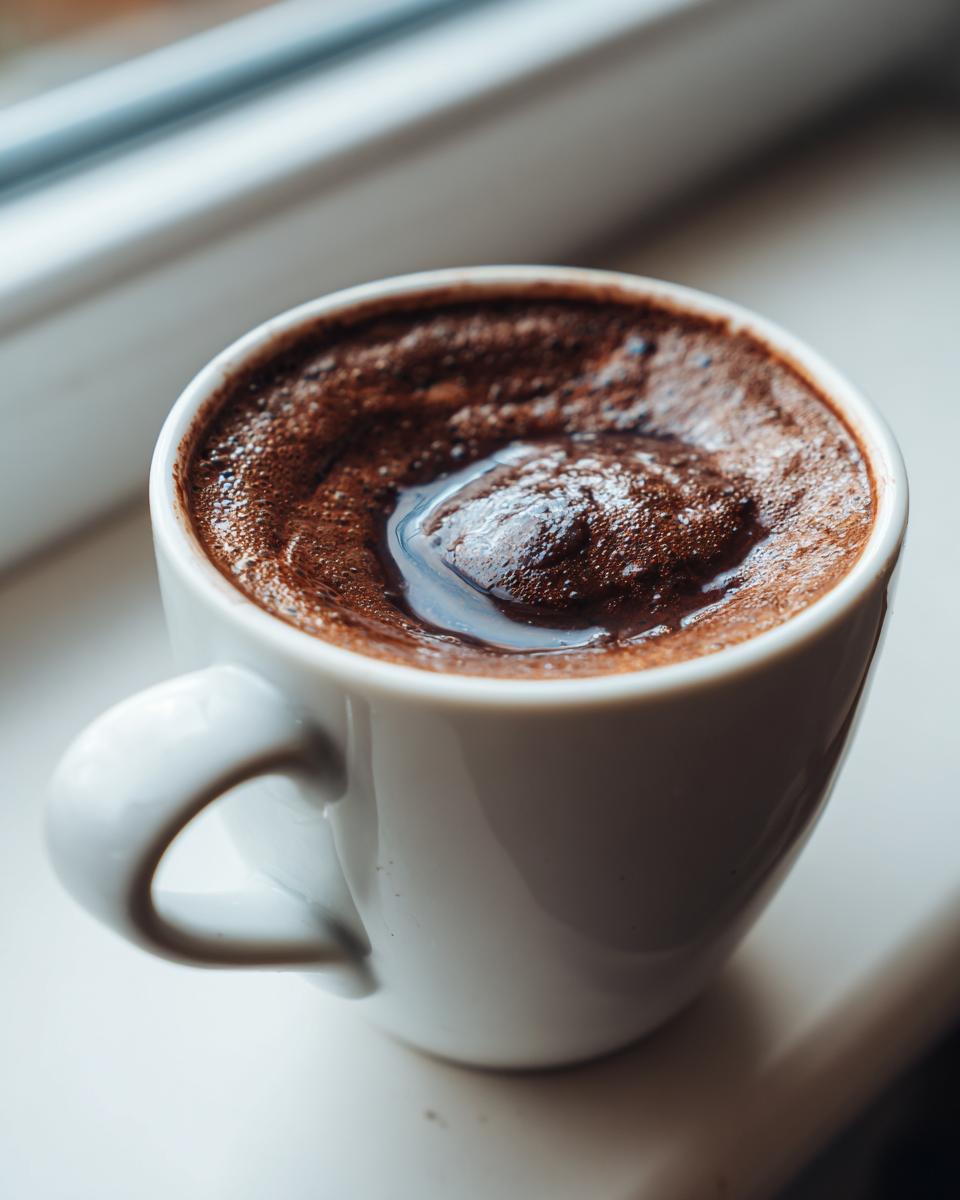 Close-up of rich, dark french hot chocolate with foam on top, served in a white mug by a window.