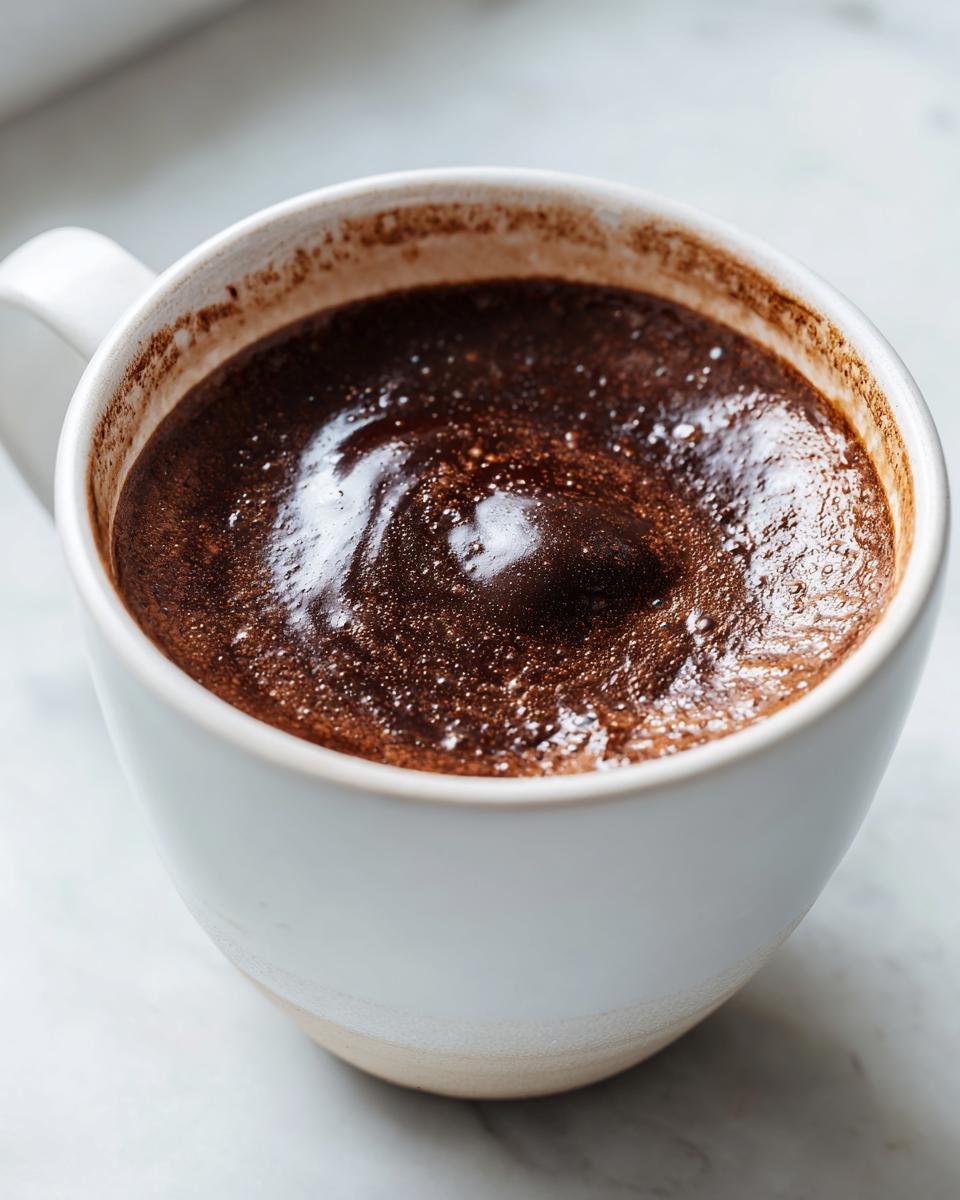 Close-up of thick, dark, and slightly foamy french hot chocolate served in a white ceramic mug.