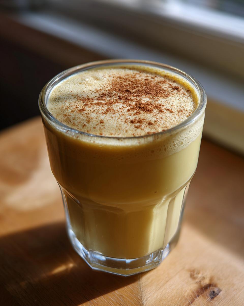 A glass of rich, creamy homemade eggnog topped with a sprinkle of cinnamon.
