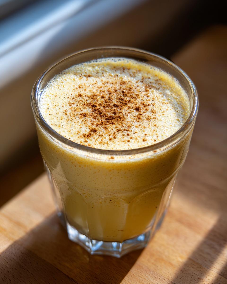 Close-up of a glass filled with creamy, yellow homemade eggnog, topped with sprinkled nutmeg.