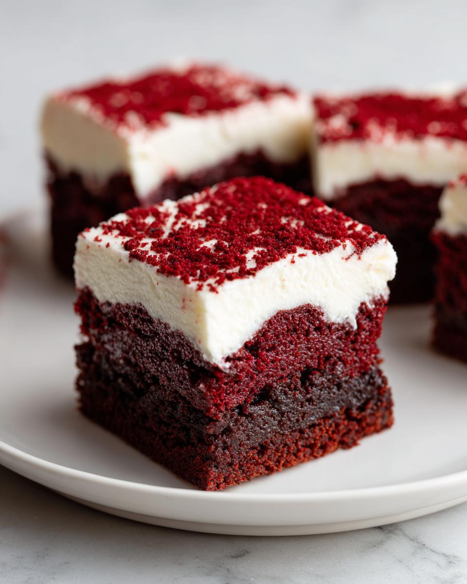 A single square of rich, dark red velvet brownies topped with thick cream cheese frosting and red crumbs.