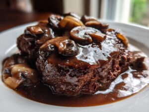 Close-up of a juicy Salisbury steak smothered in rich brown mushroom gravy.