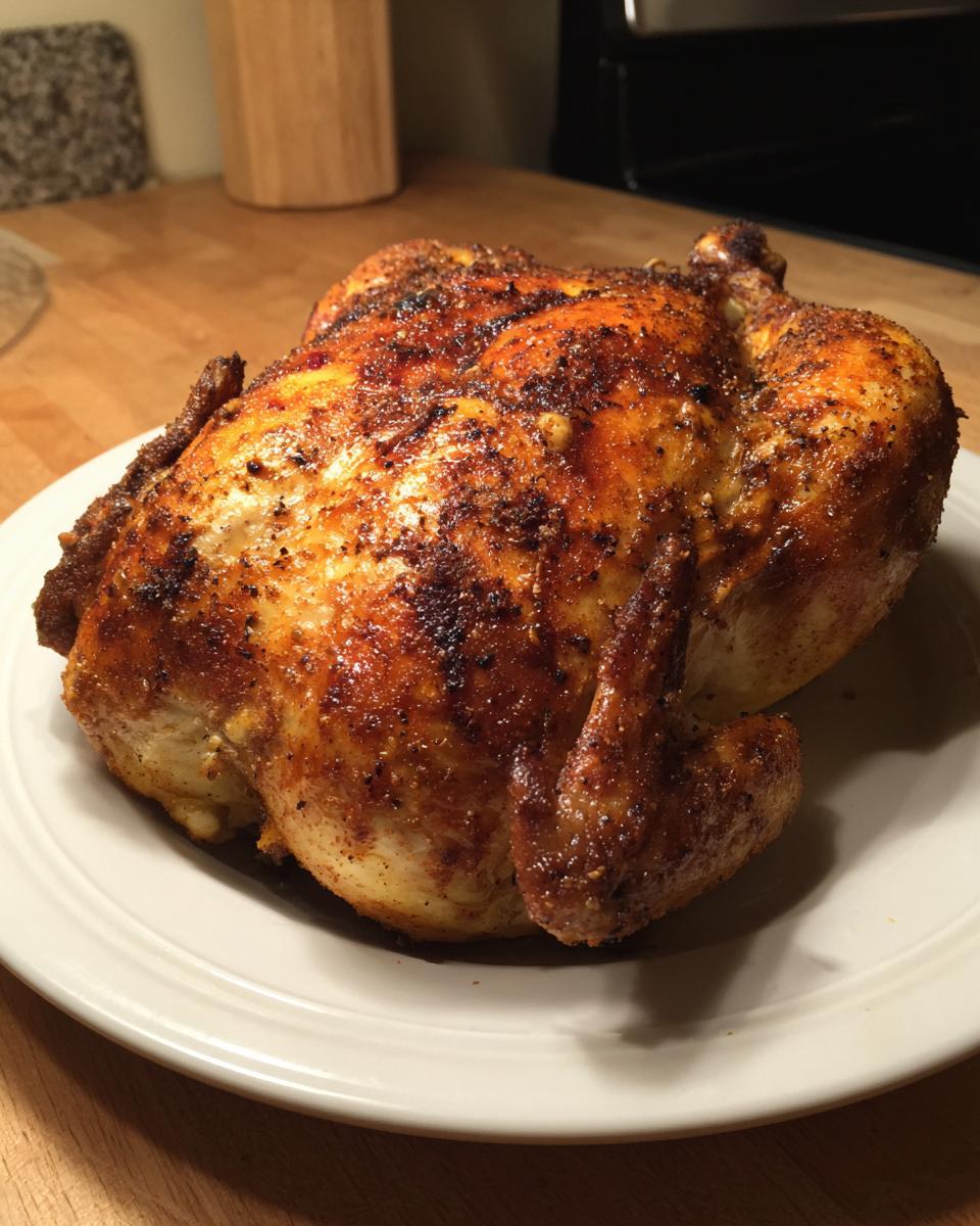 A whole, perfectly roasted spatchcock chicken with crispy, seasoned skin resting on a white plate.