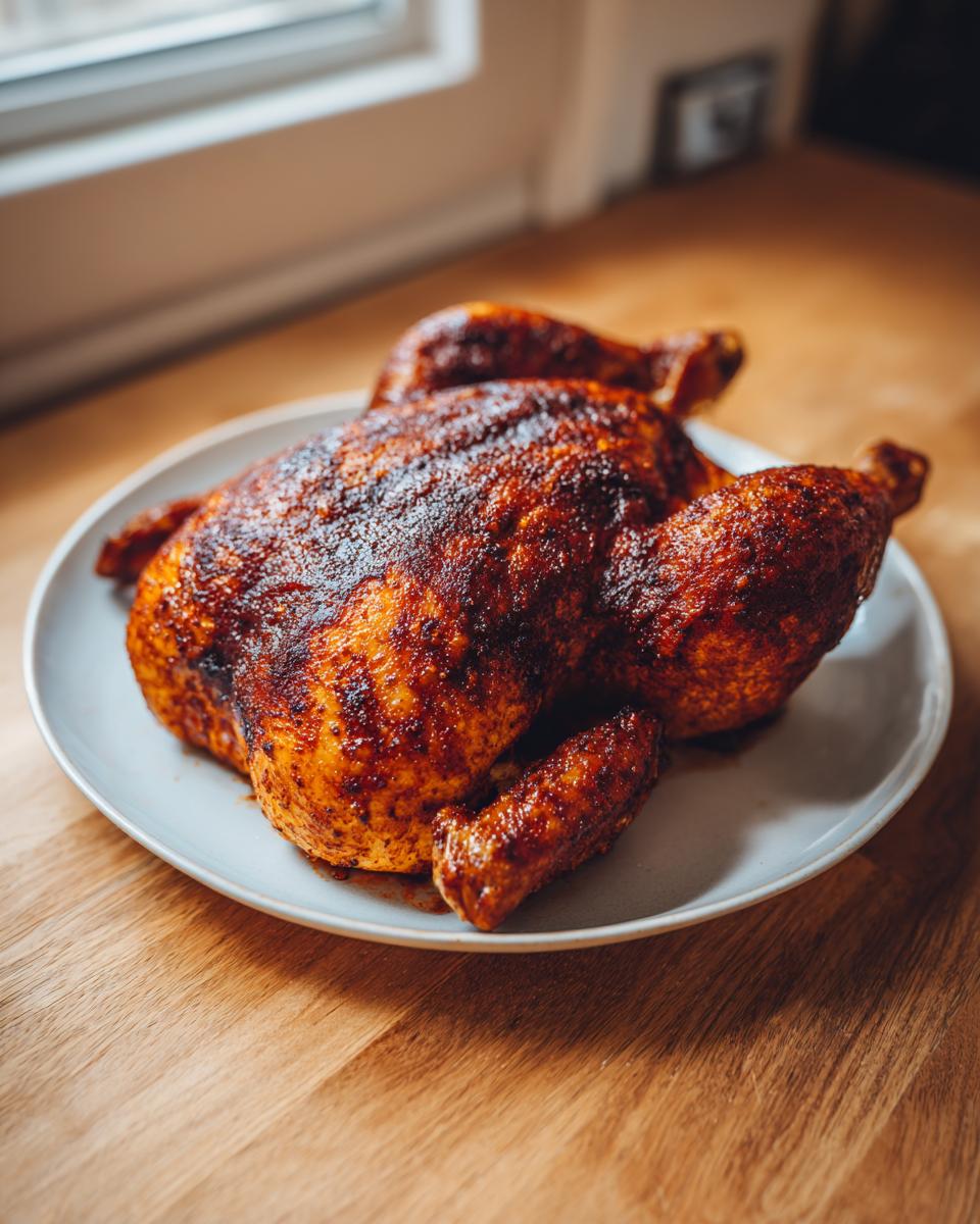 A whole, perfectly roasted spatchcock chicken with dark, seasoned, crispy skin resting on a light plate.