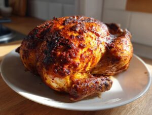 A whole, perfectly roasted spatchcock chicken with deeply browned, seasoned skin resting on a white plate.