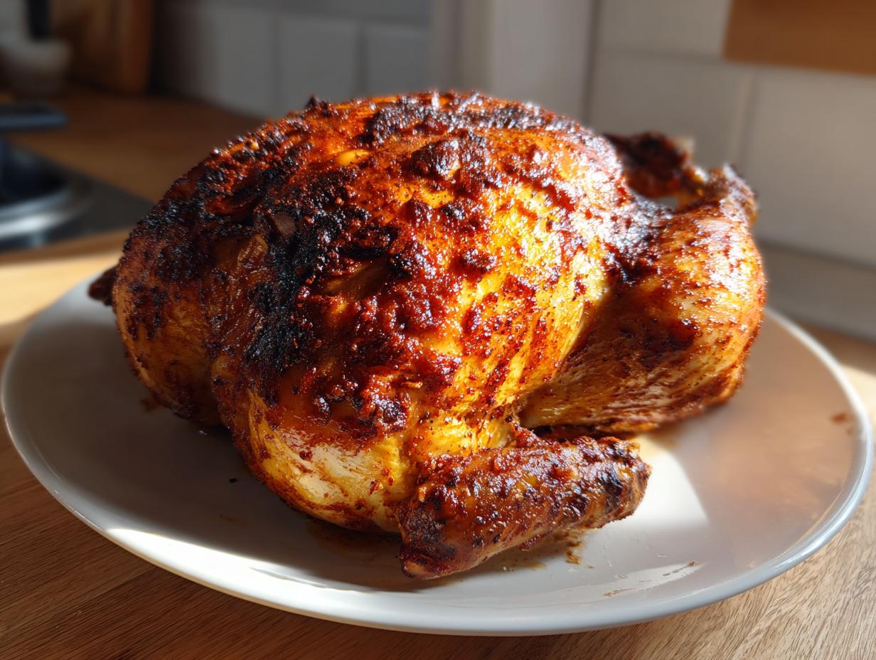 A whole, perfectly roasted spatchcock chicken with deeply browned, seasoned skin resting on a white plate.