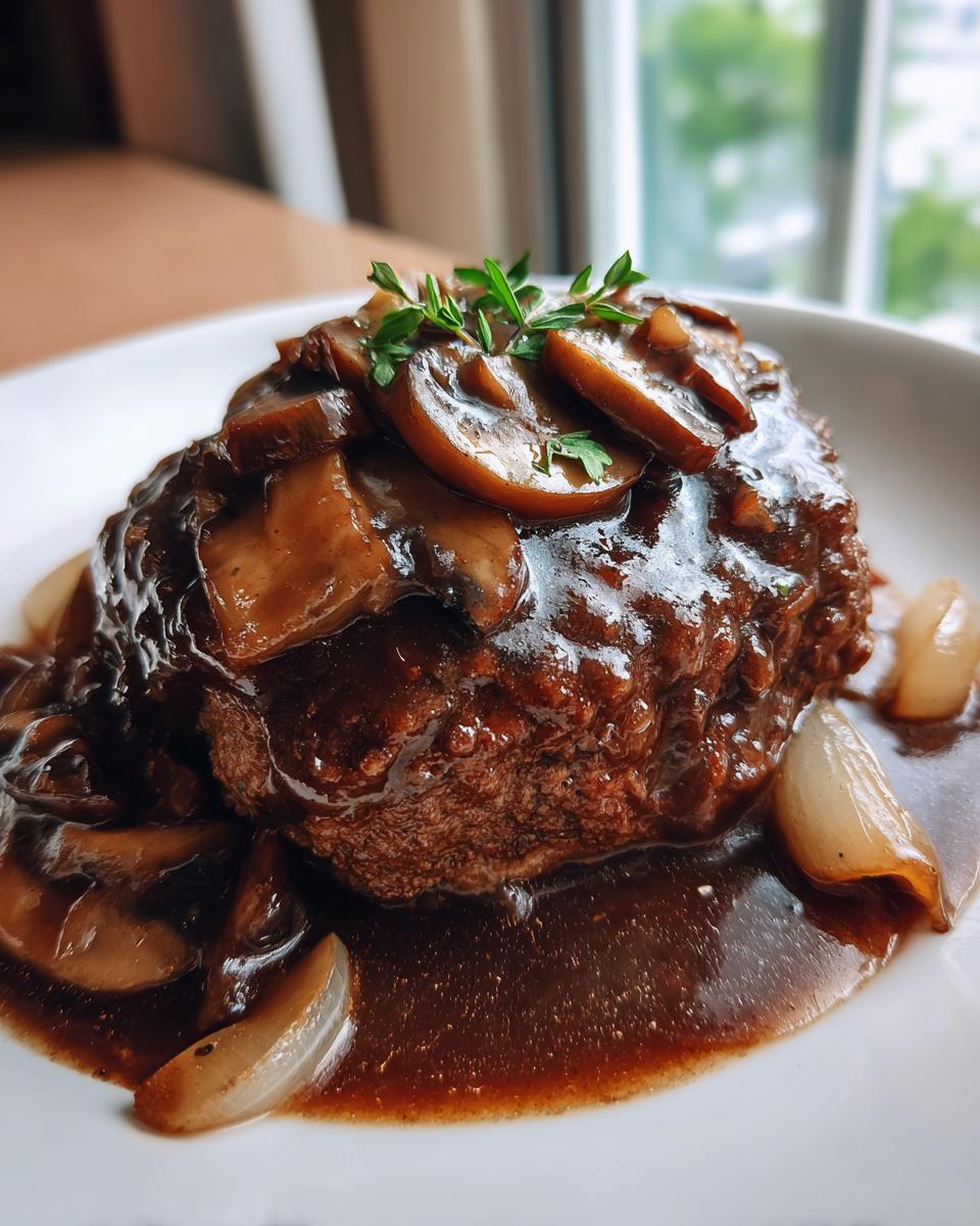 A perfectly cooked Salisbury steak smothered in rich brown mushroom gravy and garnished with thyme.