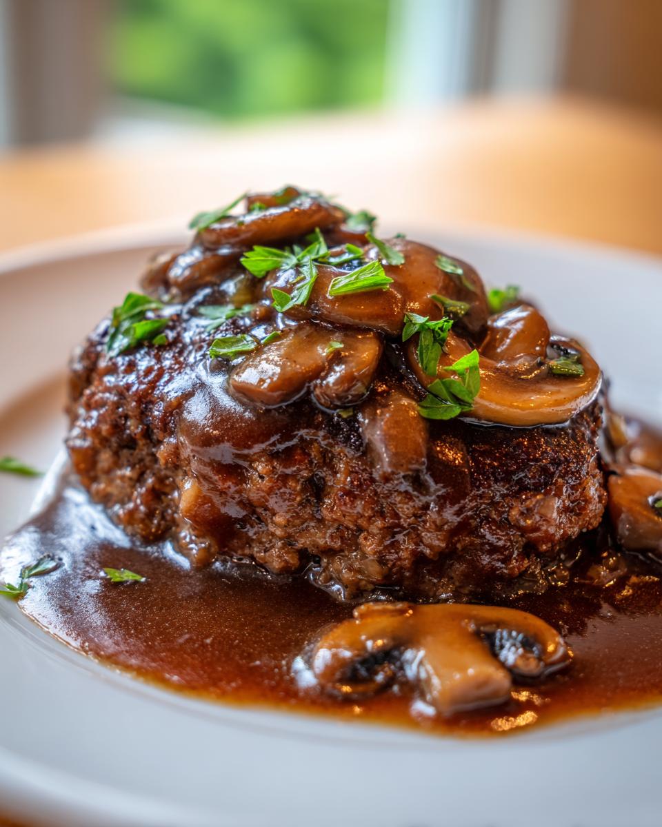Close-up of a juicy Salisbury steak smothered in rich brown mushroom gravy and topped with fresh parsley.